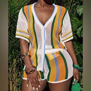 NWOT SHEIN plus sized 2XL Striped Knit Cardigan and Shorts matching Set